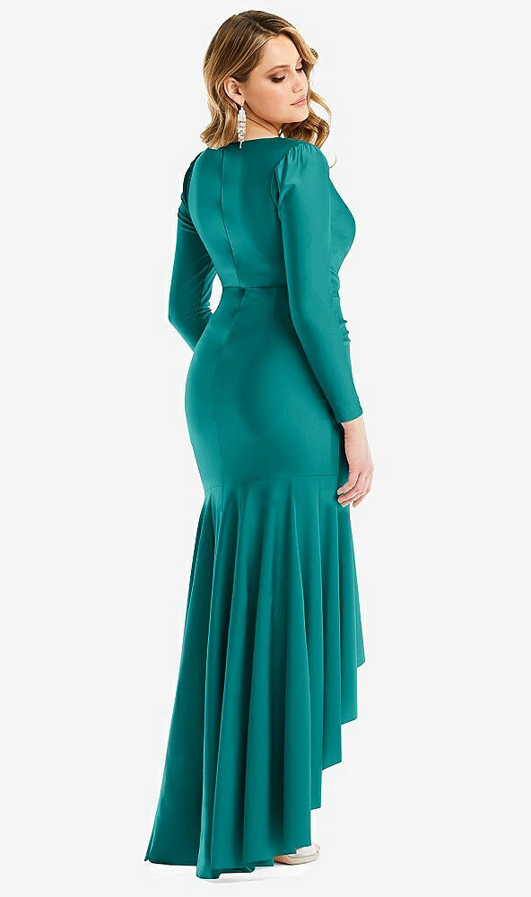 Back View - Peacock Teal Long Sleeve Pleated Wrap Ruffled High Low Stretch Satin Gown