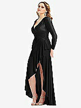 Side View Thumbnail - Black Long Sleeve Pleated Wrap Ruffled High Low Stretch Satin Gown
