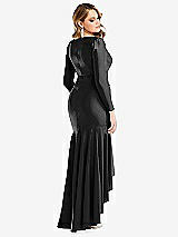 Rear View Thumbnail - Black Long Sleeve Pleated Wrap Ruffled High Low Stretch Satin Gown