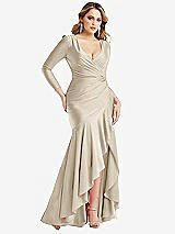 Front View Thumbnail - Champagne Long Sleeve Pleated Wrap Ruffled High Low Stretch Satin Gown