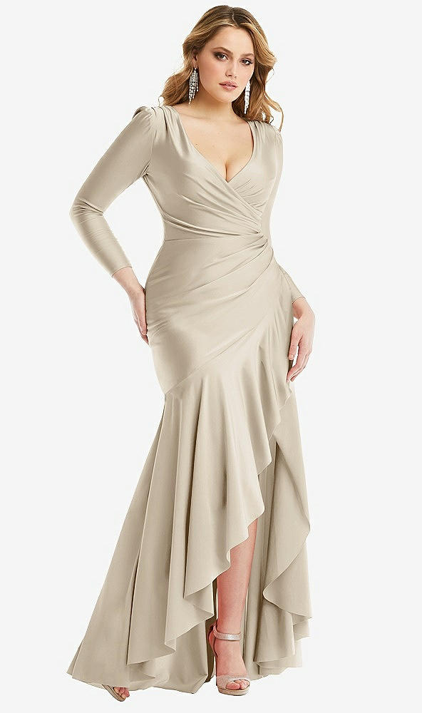 Front View - Champagne Long Sleeve Pleated Wrap Ruffled High Low Stretch Satin Gown