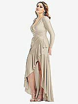 Side View Thumbnail - Champagne Long Sleeve Pleated Wrap Ruffled High Low Stretch Satin Gown