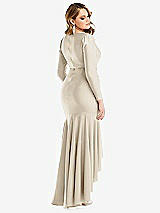 Rear View Thumbnail - Champagne Long Sleeve Pleated Wrap Ruffled High Low Stretch Satin Gown
