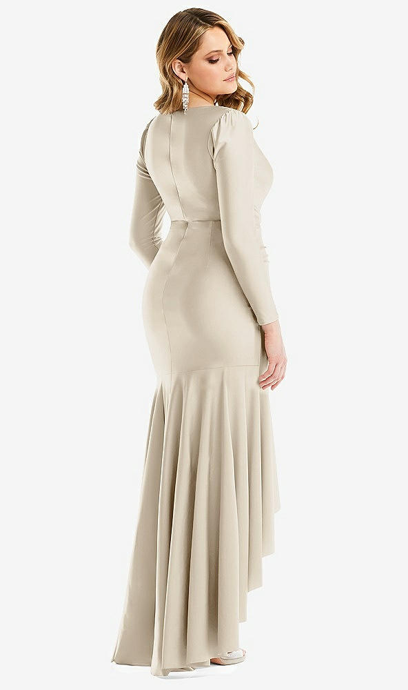 Back View - Champagne Long Sleeve Pleated Wrap Ruffled High Low Stretch Satin Gown