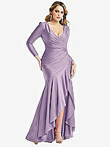 Front View Thumbnail - Pale Purple Long Sleeve Pleated Wrap Ruffled High Low Stretch Satin Gown