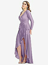 Side View Thumbnail - Pale Purple Long Sleeve Pleated Wrap Ruffled High Low Stretch Satin Gown