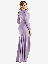 Rear View Thumbnail - Pale Purple Long Sleeve Pleated Wrap Ruffled High Low Stretch Satin Gown