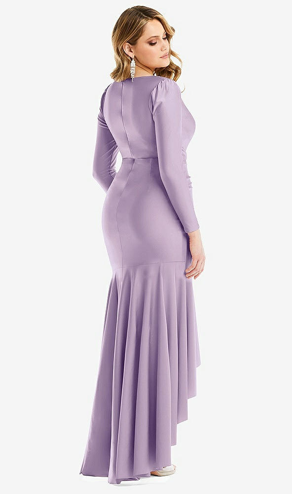 Back View - Pale Purple Long Sleeve Pleated Wrap Ruffled High Low Stretch Satin Gown