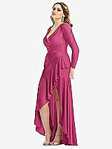 Side View Thumbnail - Tea Rose Long Sleeve Pleated Wrap Ruffled High Low Stretch Satin Gown