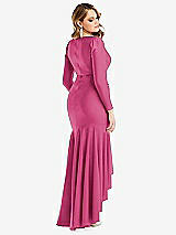 Rear View Thumbnail - Tea Rose Long Sleeve Pleated Wrap Ruffled High Low Stretch Satin Gown