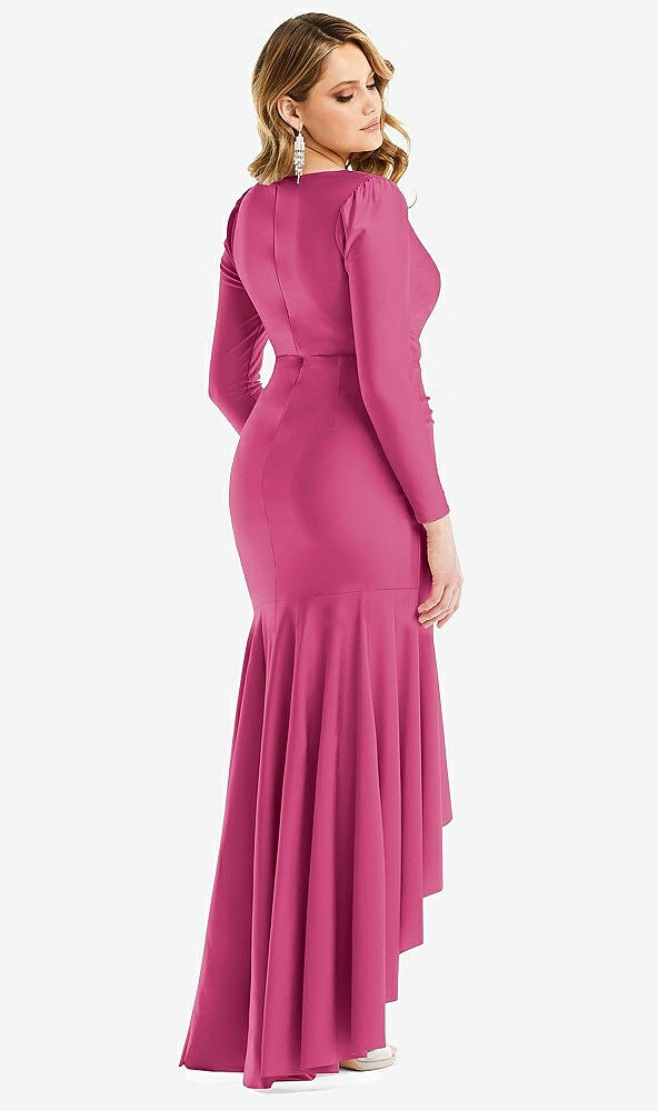 Back View - Tea Rose Long Sleeve Pleated Wrap Ruffled High Low Stretch Satin Gown