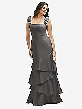 Side View Thumbnail - Caviar Gray Bow-Shoulder Satin Maxi Dress with Asymmetrical Tiered Skirt