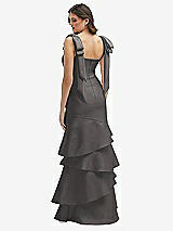 Rear View Thumbnail - Caviar Gray Bow-Shoulder Satin Maxi Dress with Asymmetrical Tiered Skirt