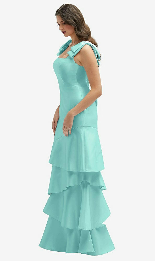 Front View - Coastal Bow-Shoulder Satin Maxi Dress with Asymmetrical Tiered Skirt