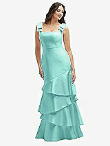 Side View Thumbnail - Coastal Bow-Shoulder Satin Maxi Dress with Asymmetrical Tiered Skirt
