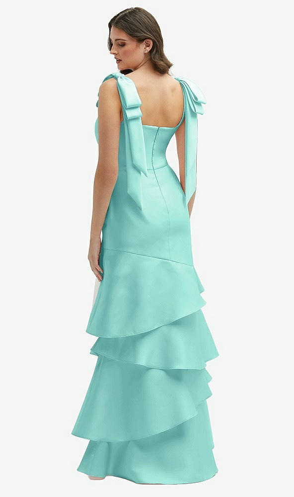 Back View - Coastal Bow-Shoulder Satin Maxi Dress with Asymmetrical Tiered Skirt
