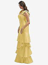 Front View Thumbnail - Maize Bow-Shoulder Satin Maxi Dress with Asymmetrical Tiered Skirt