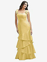 Side View Thumbnail - Maize Bow-Shoulder Satin Maxi Dress with Asymmetrical Tiered Skirt