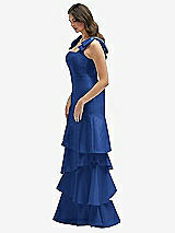 Front View Thumbnail - Classic Blue Bow-Shoulder Satin Maxi Dress with Asymmetrical Tiered Skirt