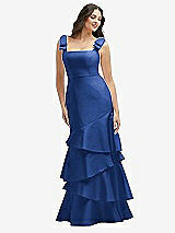 Side View Thumbnail - Classic Blue Bow-Shoulder Satin Maxi Dress with Asymmetrical Tiered Skirt