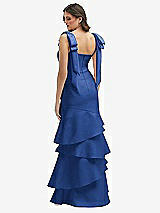 Rear View Thumbnail - Classic Blue Bow-Shoulder Satin Maxi Dress with Asymmetrical Tiered Skirt