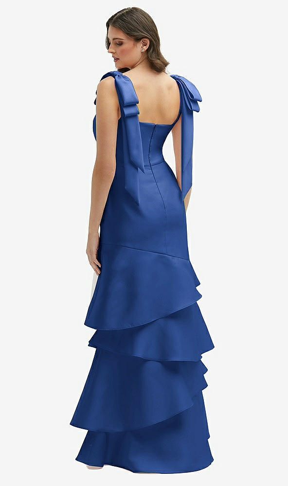 Back View - Classic Blue Bow-Shoulder Satin Maxi Dress with Asymmetrical Tiered Skirt