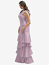 Front View Thumbnail - Suede Rose Bow-Shoulder Satin Maxi Dress with Asymmetrical Tiered Skirt