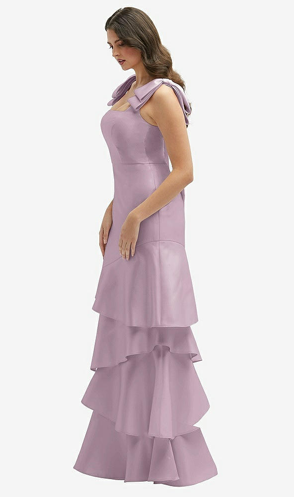 Front View - Suede Rose Bow-Shoulder Satin Maxi Dress with Asymmetrical Tiered Skirt