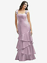 Side View Thumbnail - Suede Rose Bow-Shoulder Satin Maxi Dress with Asymmetrical Tiered Skirt