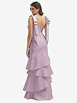 Rear View Thumbnail - Suede Rose Bow-Shoulder Satin Maxi Dress with Asymmetrical Tiered Skirt