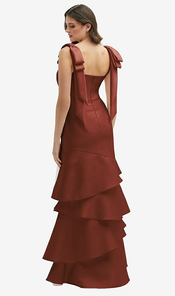 Back View - Auburn Moon Bow-Shoulder Satin Maxi Dress with Asymmetrical Tiered Skirt