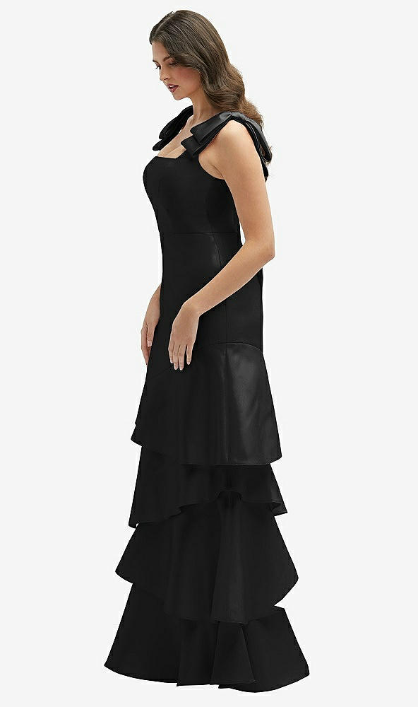 Front View - Black Bow-Shoulder Satin Maxi Dress with Asymmetrical Tiered Skirt