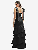 Rear View Thumbnail - Black Bow-Shoulder Satin Maxi Dress with Asymmetrical Tiered Skirt