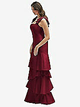 Front View Thumbnail - Burgundy Bow-Shoulder Satin Maxi Dress with Asymmetrical Tiered Skirt