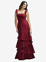 Side View Thumbnail - Burgundy Bow-Shoulder Satin Maxi Dress with Asymmetrical Tiered Skirt