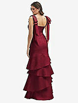 Rear View Thumbnail - Burgundy Bow-Shoulder Satin Maxi Dress with Asymmetrical Tiered Skirt