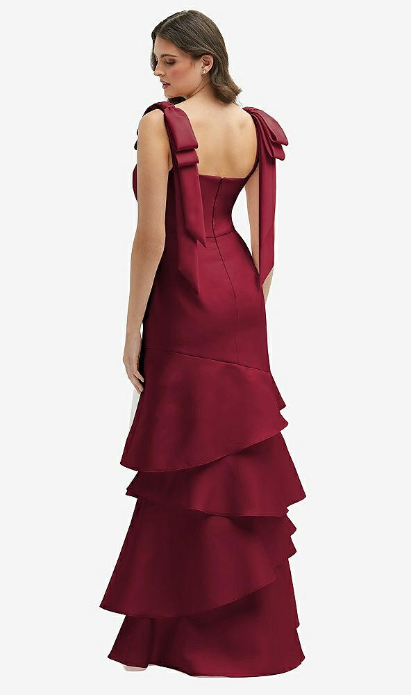 Back View - Burgundy Bow-Shoulder Satin Maxi Dress with Asymmetrical Tiered Skirt