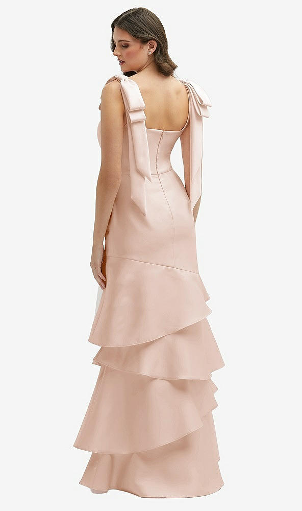 Back View - Cameo Bow-Shoulder Satin Maxi Dress with Asymmetrical Tiered Skirt