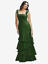 Side View Thumbnail - Celtic Bow-Shoulder Satin Maxi Dress with Asymmetrical Tiered Skirt