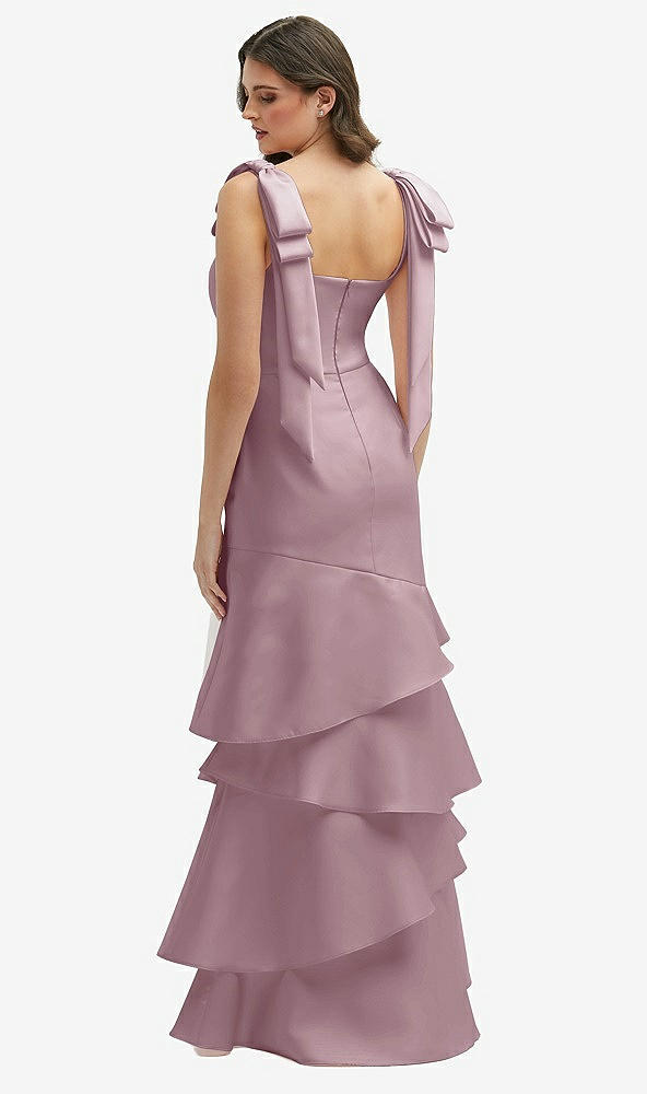 Back View - Dusty Rose Bow-Shoulder Satin Maxi Dress with Asymmetrical Tiered Skirt