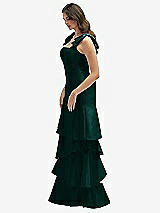 Front View Thumbnail - Evergreen Bow-Shoulder Satin Maxi Dress with Asymmetrical Tiered Skirt