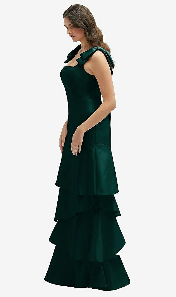 Front View - Evergreen Bow-Shoulder Satin Maxi Dress with Asymmetrical Tiered Skirt