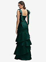 Rear View Thumbnail - Evergreen Bow-Shoulder Satin Maxi Dress with Asymmetrical Tiered Skirt