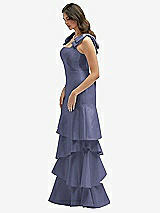 Front View Thumbnail - French Blue Bow-Shoulder Satin Maxi Dress with Asymmetrical Tiered Skirt