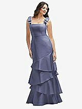 Side View Thumbnail - French Blue Bow-Shoulder Satin Maxi Dress with Asymmetrical Tiered Skirt