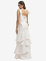 Rear View Thumbnail - French Blue Bow-Shoulder Satin Maxi Dress with Asymmetrical Tiered Skirt