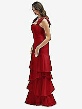 Front View Thumbnail - Garnet Bow-Shoulder Satin Maxi Dress with Asymmetrical Tiered Skirt