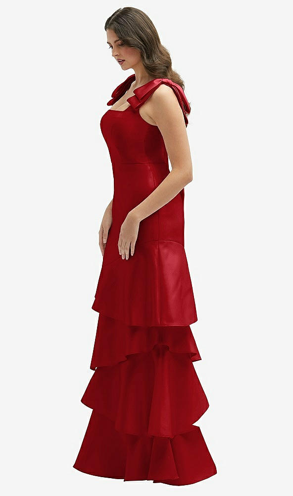 Front View - Garnet Bow-Shoulder Satin Maxi Dress with Asymmetrical Tiered Skirt