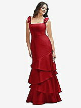 Side View Thumbnail - Garnet Bow-Shoulder Satin Maxi Dress with Asymmetrical Tiered Skirt