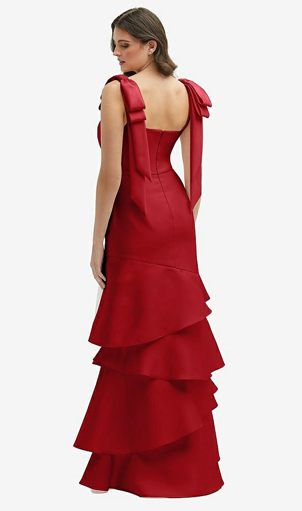 Back View - Garnet Bow-Shoulder Satin Maxi Dress with Asymmetrical Tiered Skirt